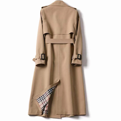 Damski długi trencz z paskiem i podszewką w kratę-Coats for women-Olave