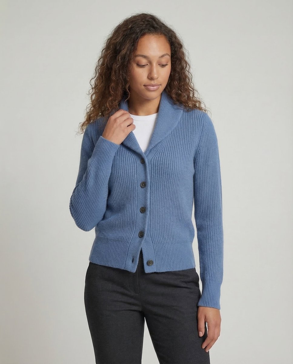 Damski kardigan z dzianiny prążkowanej z szalowym kołnierzem-Cardigan for women-Olave