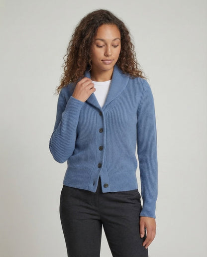 Damski kardigan z dzianiny prążkowanej z szalowym kołnierzem-Cardigan for women-Olave