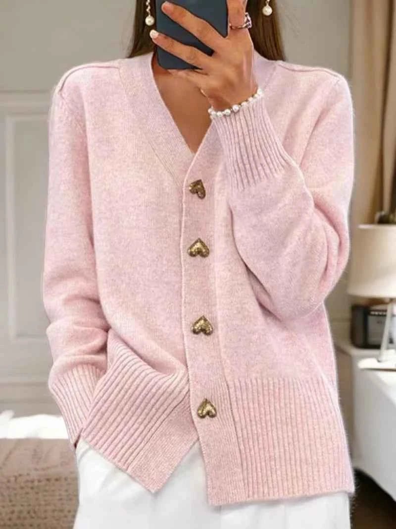 Damski kardigan z dzianiny z dekoltem w serek i guzikami w kształcie serc-Cardigan for women-Olave
