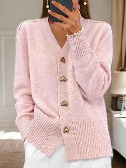 Damski kardigan z dzianiny z dekoltem w serek i guzikami w kształcie serc-Cardigan for women-Olave