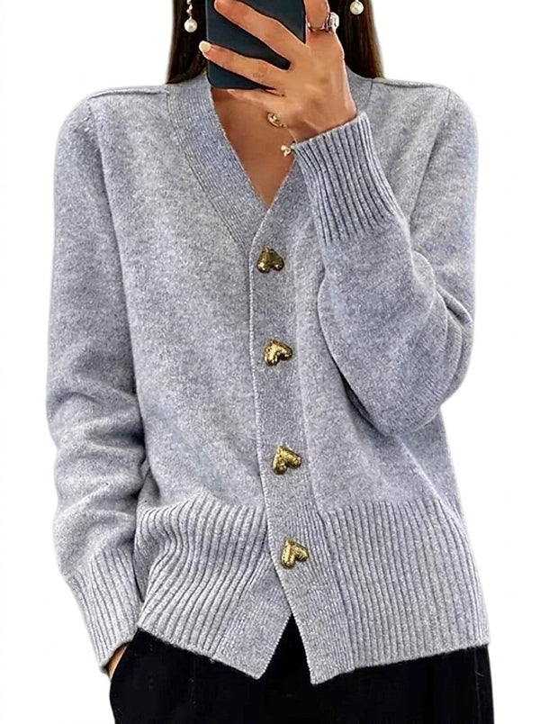 Damski kardigan z dzianiny z dekoltem w serek i guzikami w kształcie serc-Cardigan for women-Olave