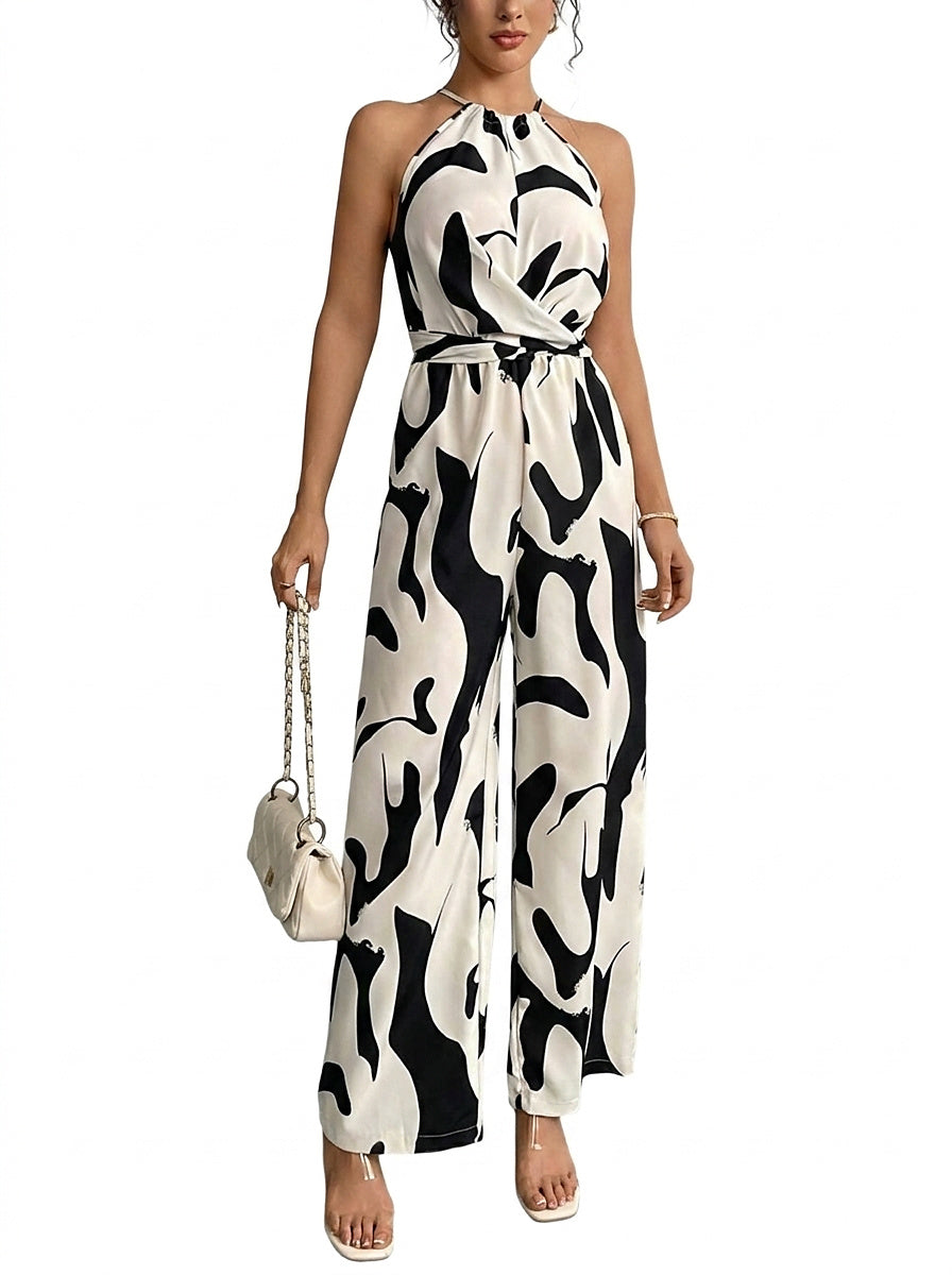 Damski kombinezon z dekoltem typu halter i szerokimi nogawkami w abstrakcyjny wzór-Jumpsuits for women-Olave