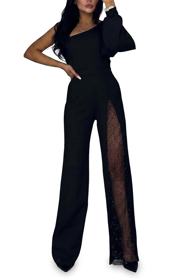 Damski kombinezon z jednym ramieniem, szerokimi nogawkami i przezroczystym panelem-Jumpsuits for women-Olave