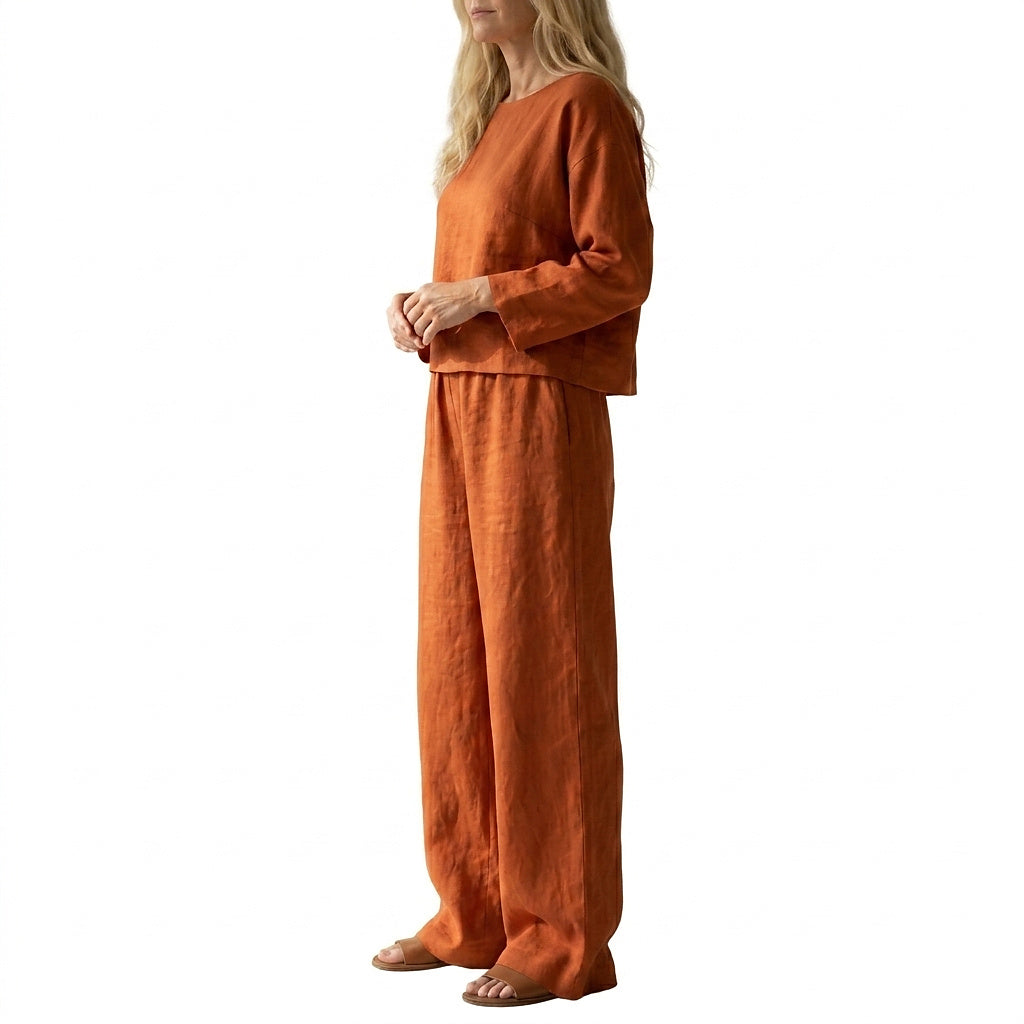 Damski komplet lniany z szerokimi nogawkami-Sets for women-Olave