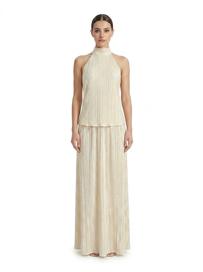Damski komplet: plisowany top typu halter i spodnie z szerokimi nogawkami-Sets for women-Olave