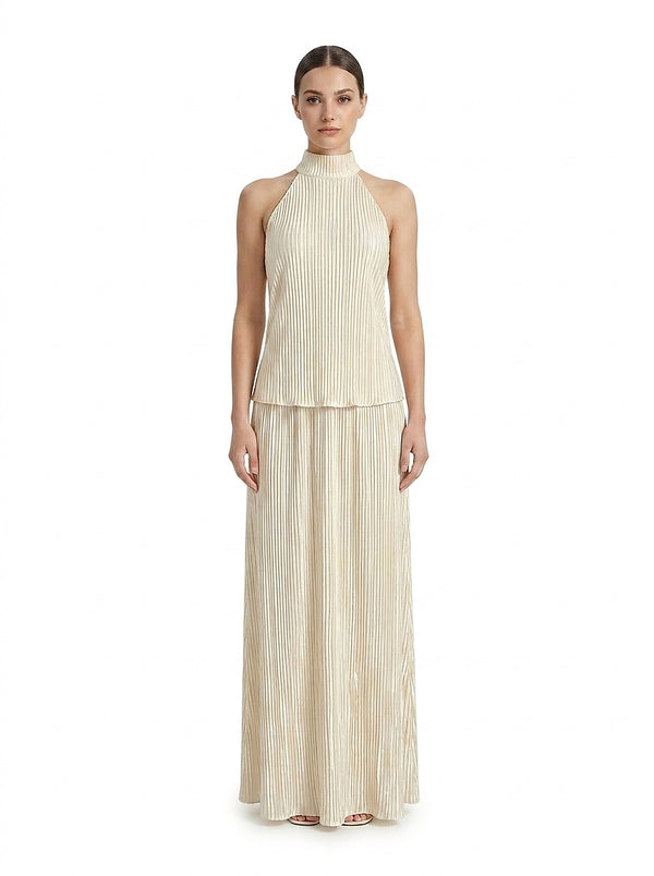 Damski komplet: plisowany top typu halter i spodnie z szerokimi nogawkami-Sets for women-Olave