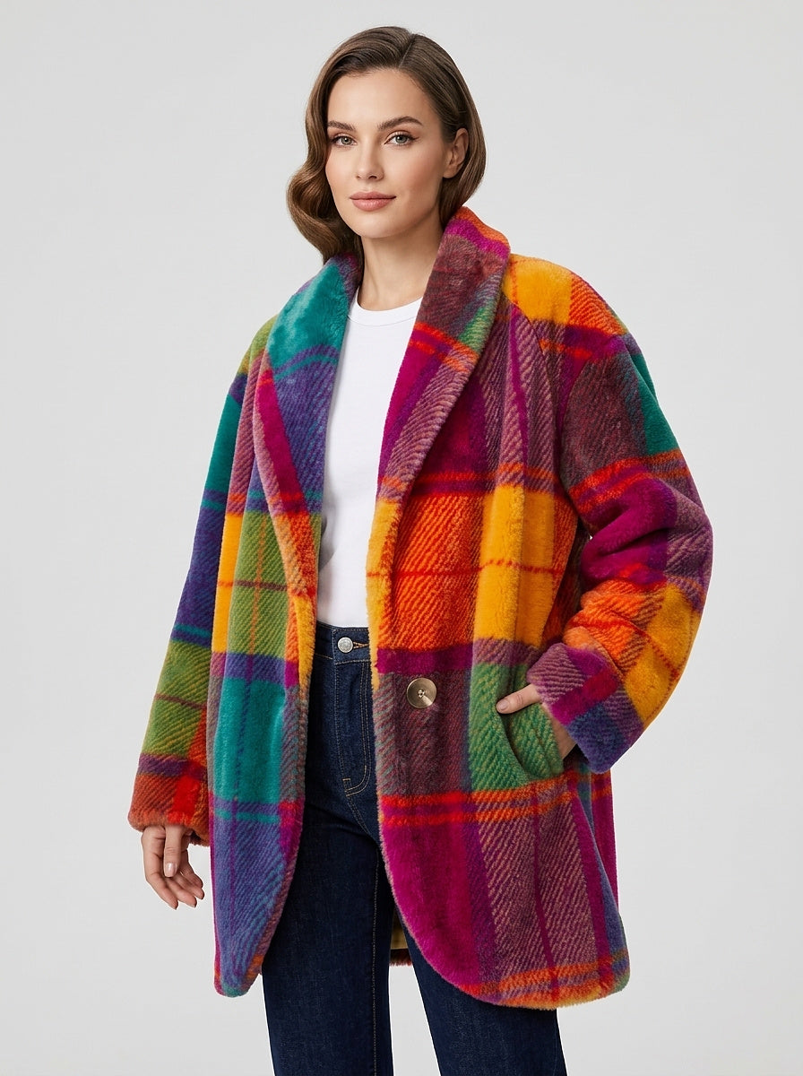 Damski płaszcz oversize w kratę-Coats for Women-Olave
