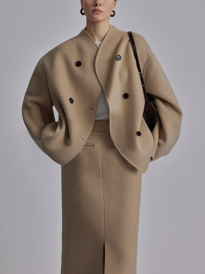 Damski płaszcz typu peacoat z mieszanki wełny ze stójką-Coats for women-Olave