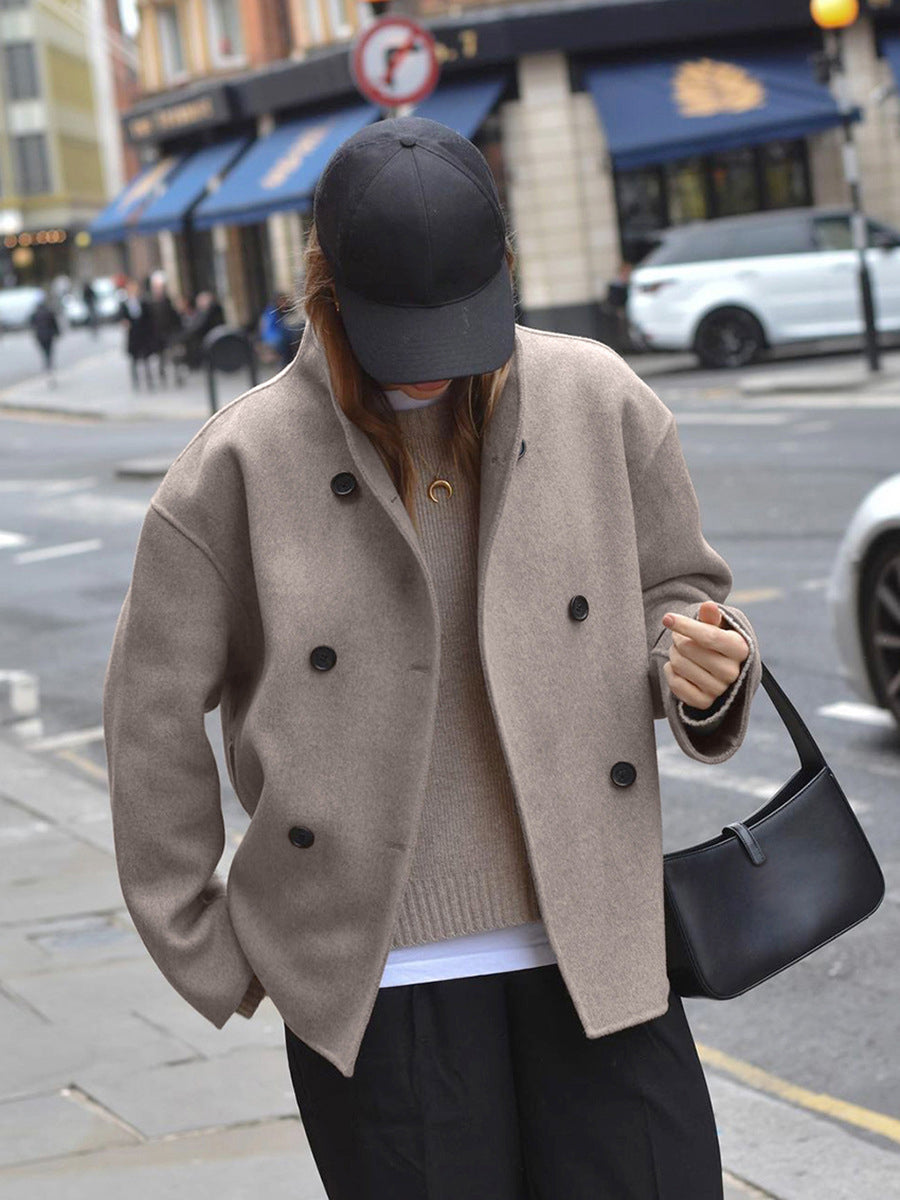 Damski płaszcz typu peacoat z mieszanki wełny ze stójką-Coats for women-Olave