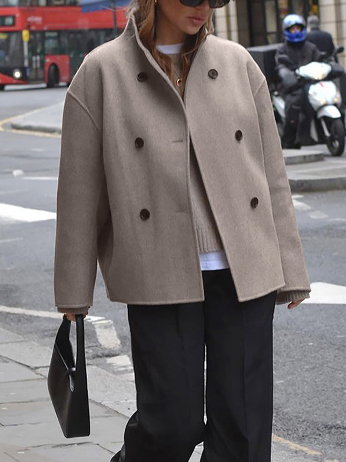 Damski płaszcz typu peacoat z mieszanki wełny ze stójką-Coats for women-Olave