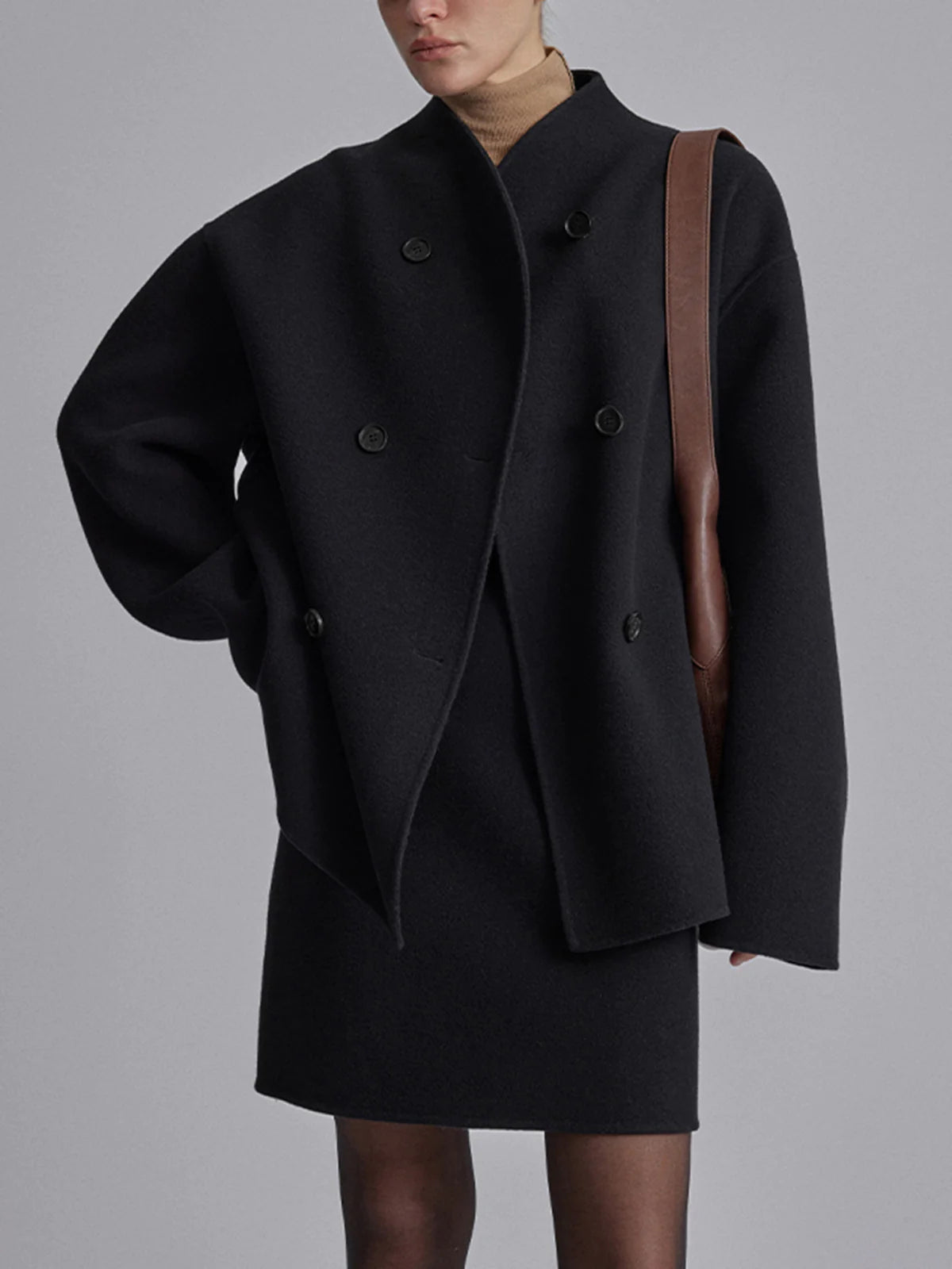 Damski płaszcz typu peacoat z mieszanki wełny ze stójką-Coats for women-Olave
