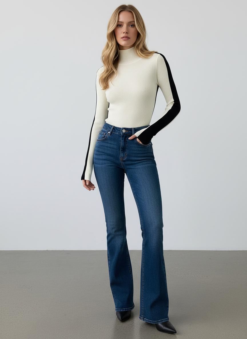 Damski prążkowany top z długim rękawem i półgolfem-sweater for woman-Olave