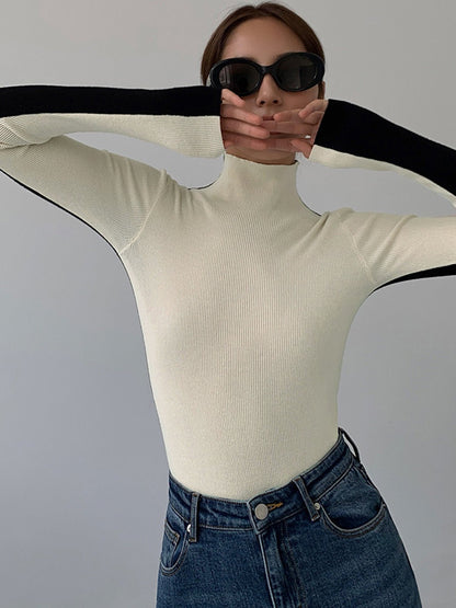 Damski prążkowany top z długim rękawem i półgolfem-sweater for woman-Olave