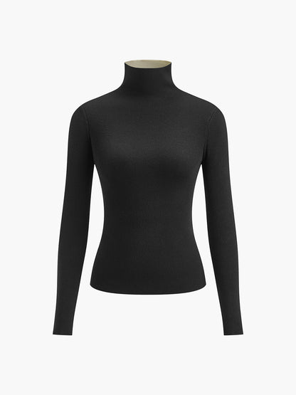 Damski prążkowany top z długim rękawem i półgolfem-sweater for woman-Olave