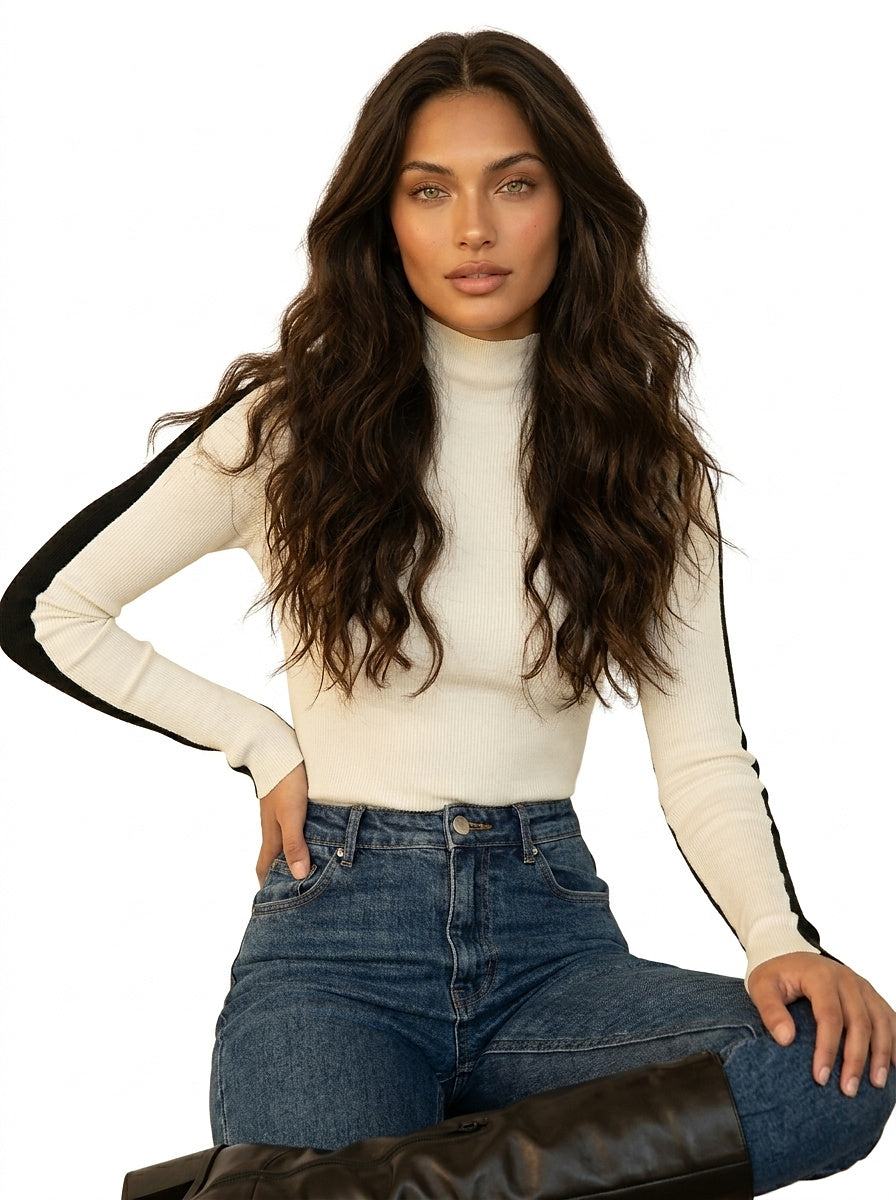 Damski prążkowany top z długim rękawem i półgolfem-sweater for woman-Olave