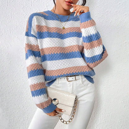 Damski sweter dzianinowy w paski z okrągłym dekoltem-Sweaters for Women-Olave