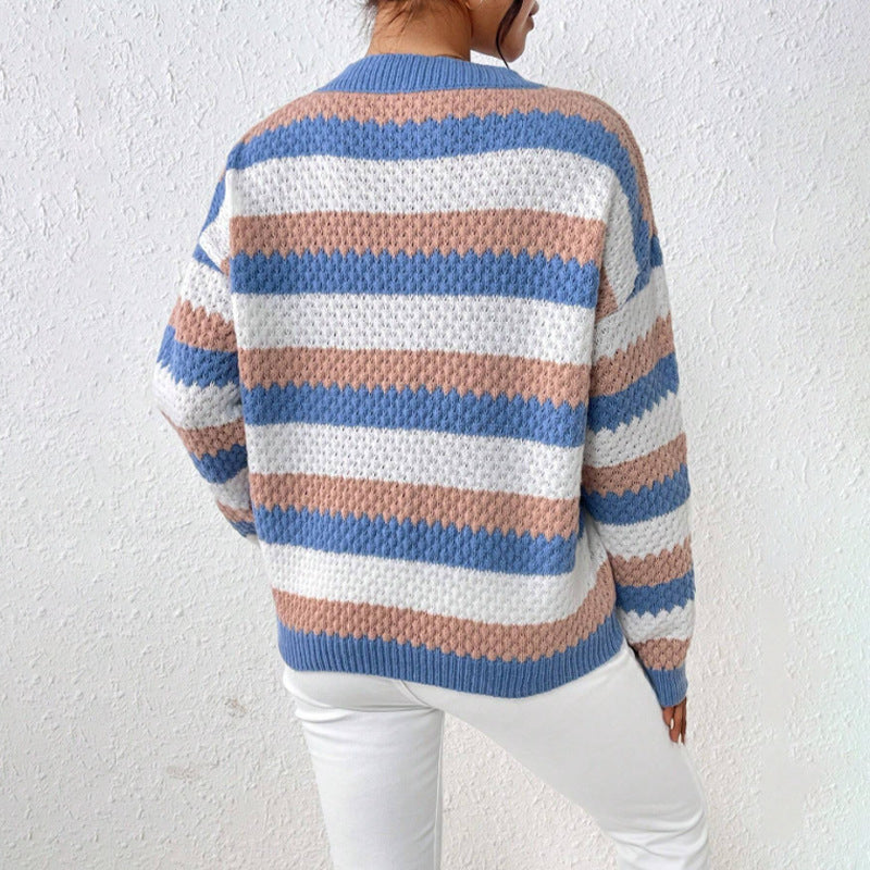Damski sweter dzianinowy w paski z okrągłym dekoltem-Sweaters for Women-Olave