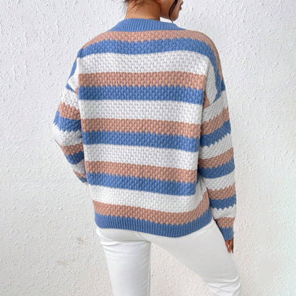Damski sweter dzianinowy w paski z okrągłym dekoltem-Sweaters for Women-Olave