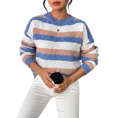 Damski sweter dzianinowy w paski z okrągłym dekoltem-Sweaters for Women-Olave