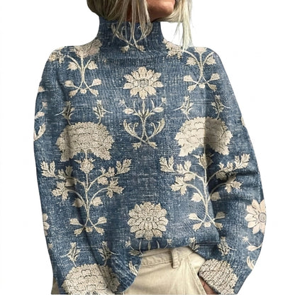 Damski sweter dzianinowy z golfem i kwiatowym wzorem-Sweaters for Women-Olave