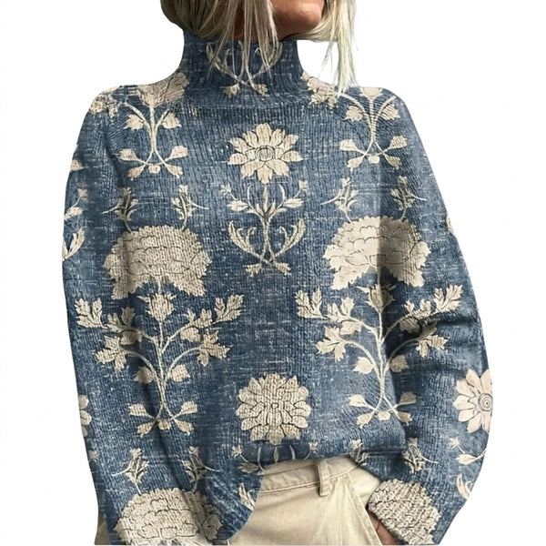Damski sweter dzianinowy z golfem i kwiatowym wzorem-Sweaters for Women-Olave