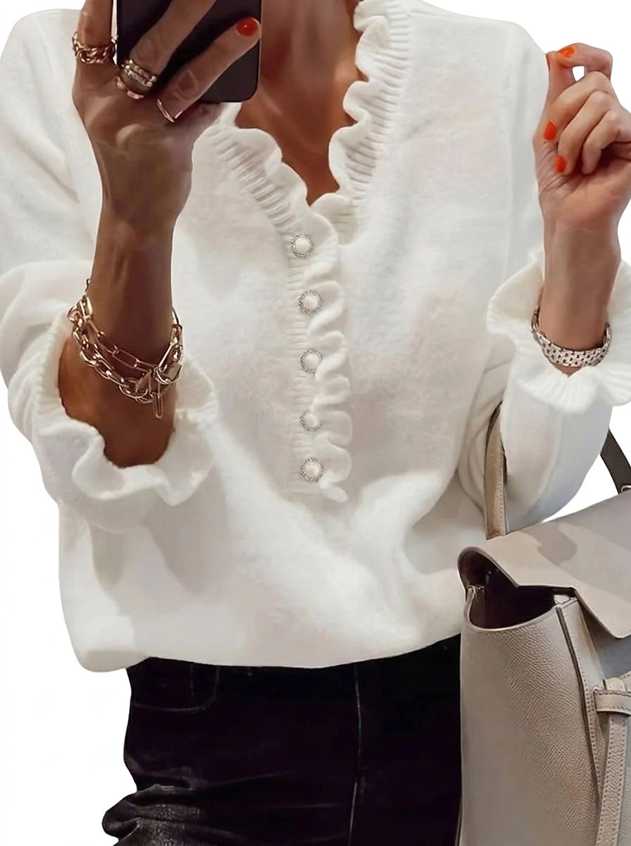 Damski sweter z dzianiny z falbanką przy dekolcie w serek i guzikami-Sweaters for Women-Olave