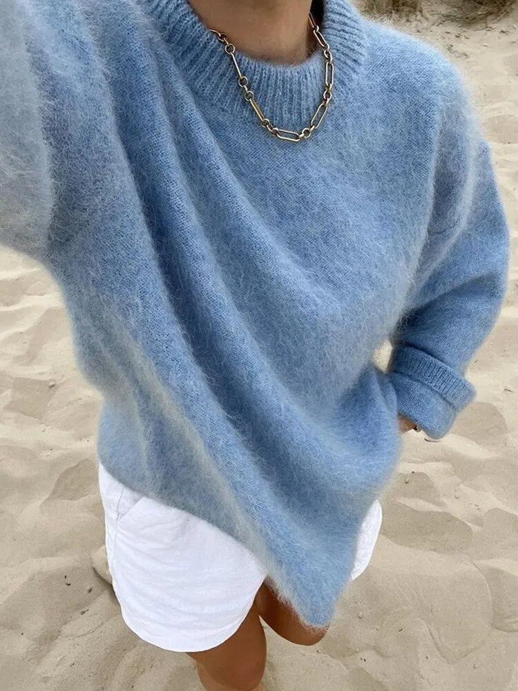 Damski sweter z dzianiny z okrągłym dekoltem i obniżoną linią ramion-Sweaters for Women-Olave
