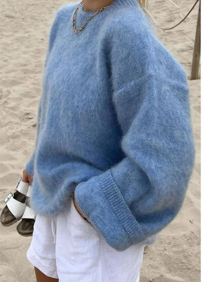 Damski sweter z dzianiny z okrągłym dekoltem i obniżoną linią ramion-Sweaters for Women-Olave