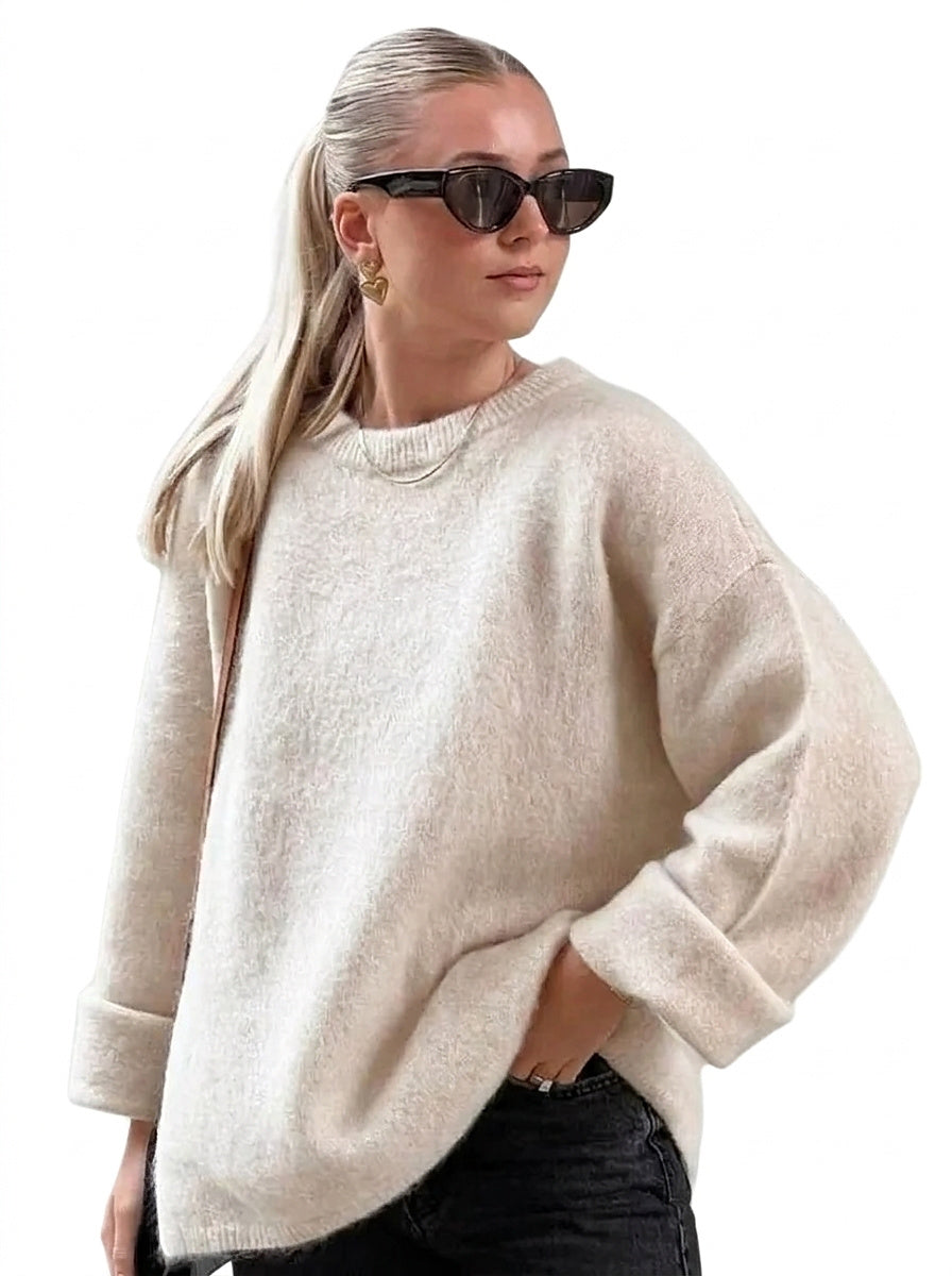 Damski sweter z dzianiny z okrągłym dekoltem i obniżoną linią ramion-Sweaters for Women-Olave