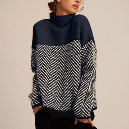 Damski sweter z golfem i wzorem w jodełkę-Sweaters for Women-Olave
