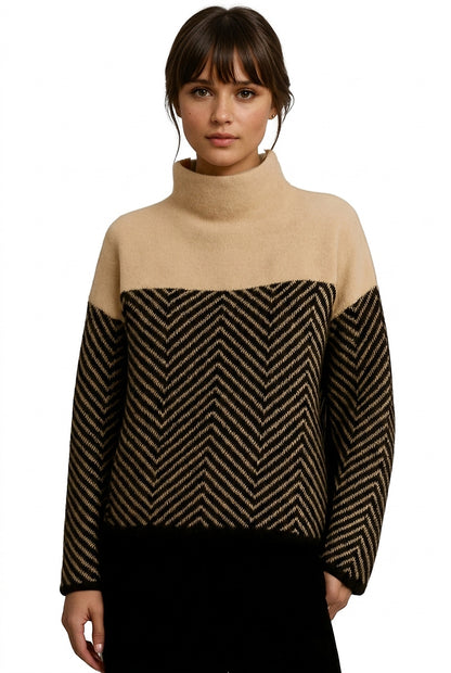 Damski sweter z golfem i wzorem w jodełkę-Sweaters for Women-Olave