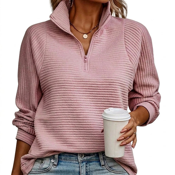 Damski sweter z suwakiem pod szyją i prążkowaną fakturą-Sweaters for Women-Olave