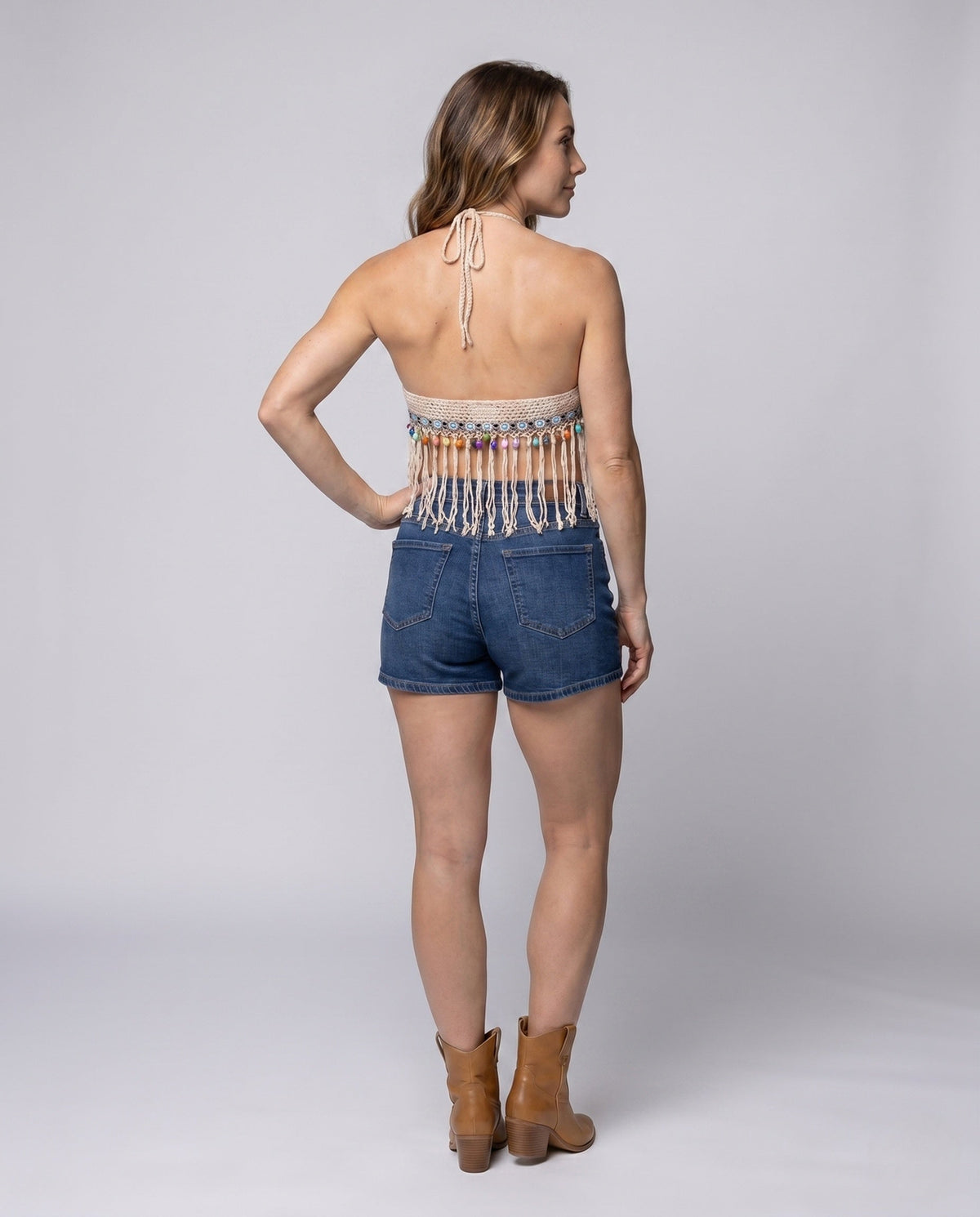 Damski szydełkowany krótki top typu halter z frędzlami-Tops for women-Olave