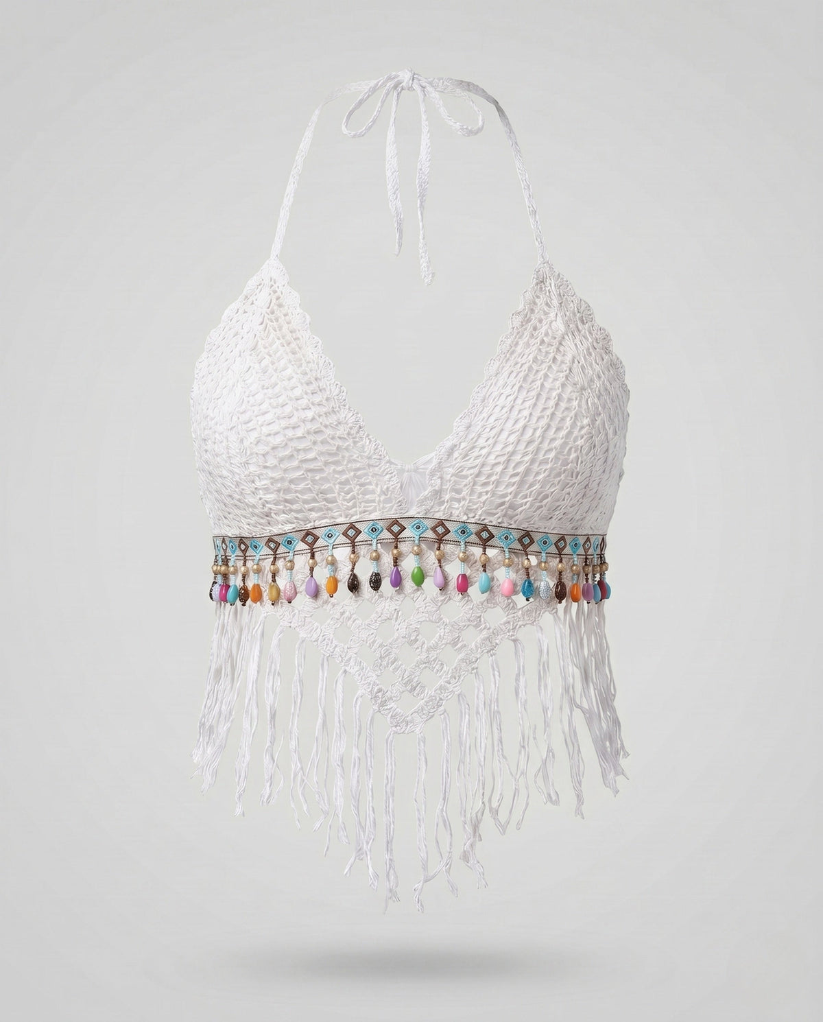 Damski szydełkowany krótki top typu halter z frędzlami-Tops for women-Olave