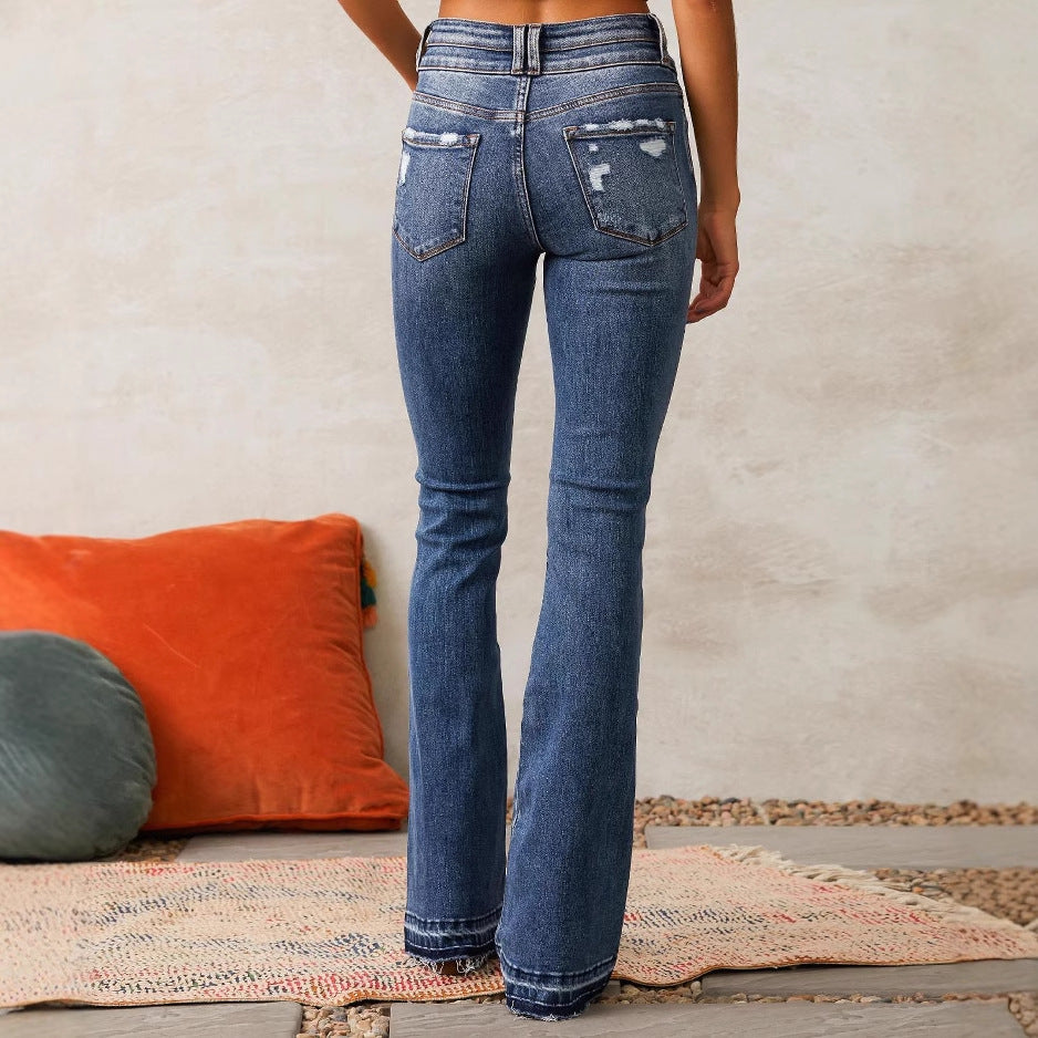 Damskie jeansy bootcut z wysokim stanem i postrzępionym dołem-Pants for Women-Olave