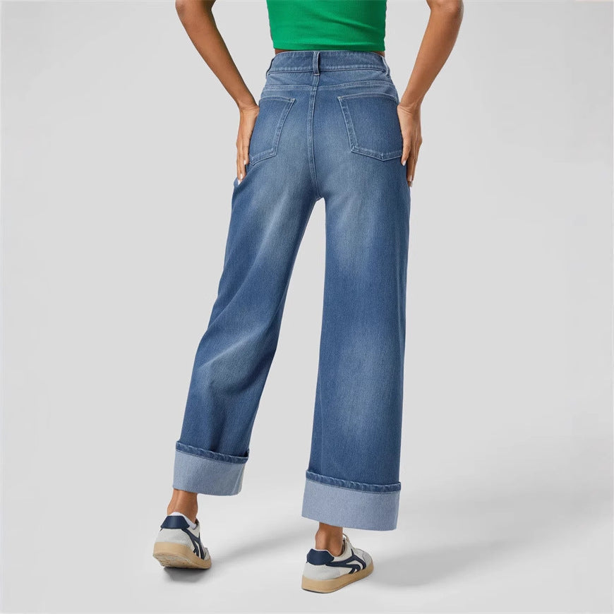 Damskie jeansy z wysokim stanem i szerokimi nogawkami z podwiniętym dołem-Pants for Women-Olave