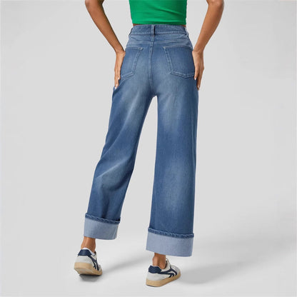Damskie jeansy z wysokim stanem i szerokimi nogawkami z podwiniętym dołem-Pants for Women-Olave