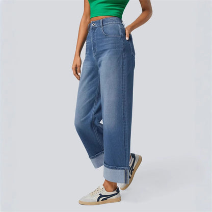 Damskie jeansy z wysokim stanem i szerokimi nogawkami z podwiniętym dołem-Pants for Women-Olave