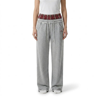 Damskie spodnie dresowe z szerokimi nogawkami i pasem w kratę-Pants for Women-Olave