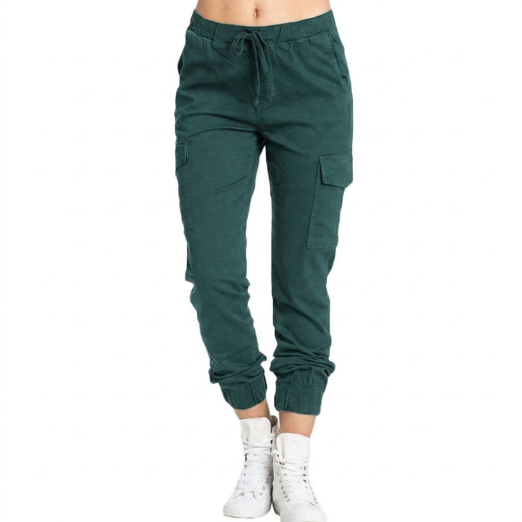 Damskie spodnie joggery typu cargo z wiązaną talią-Pants for Women-Olave