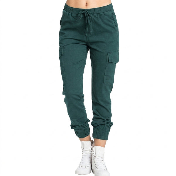 Damskie spodnie joggery typu cargo z wiązaną talią-Pants for Women-Olave