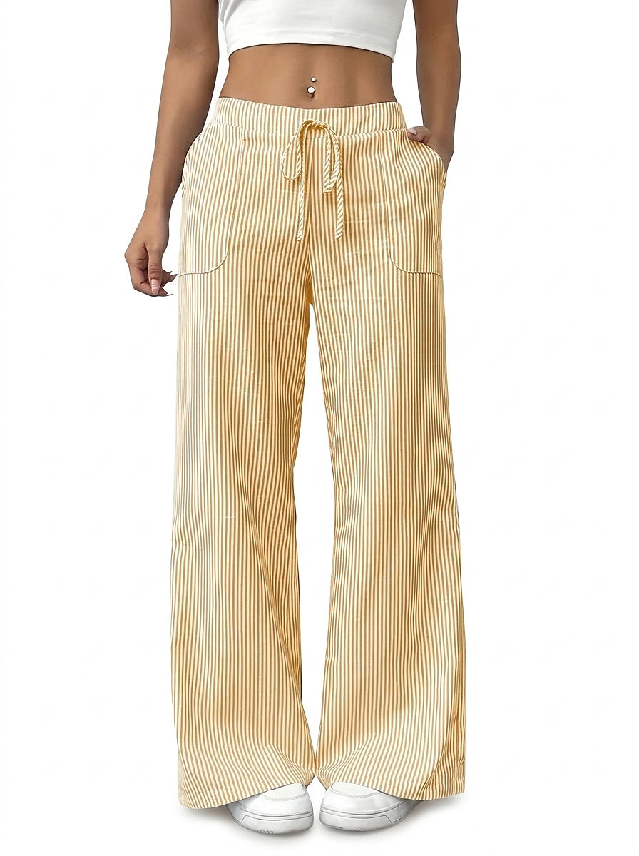 Damskie spodnie w paski z szerokimi nogawkami i sznurkiem-Pants for Women-Olave