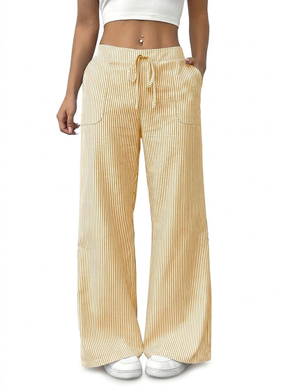 Damskie spodnie w paski z szerokimi nogawkami i sznurkiem-Pants for Women-Olave