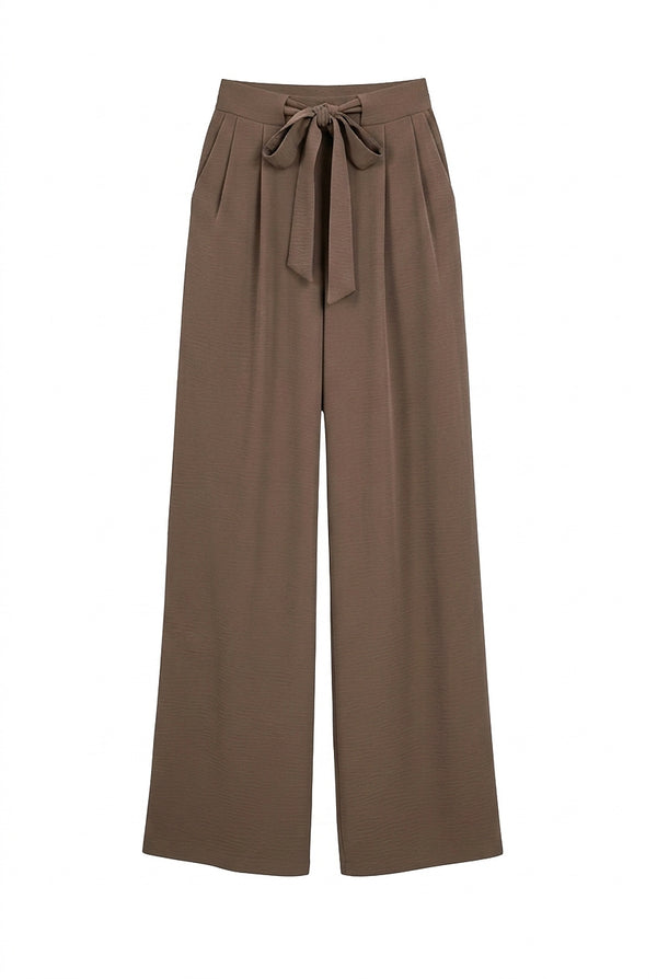 Damskie spodnie z szerokimi nogawkami i wiązanym pasem-Pants for Women-Olave