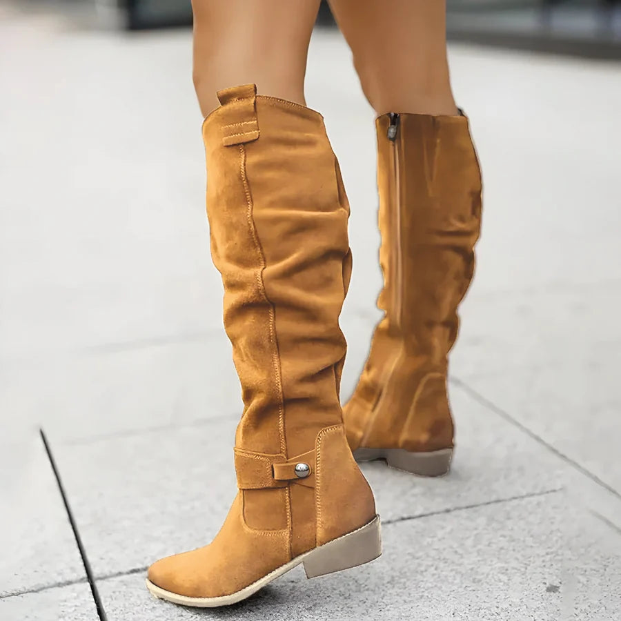 Damskie zamszowe kozaki za kolano z niskim słupkowym obcasem-Footwear for women-Olave
