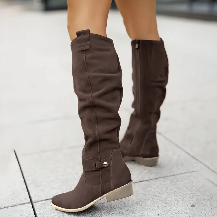Damskie zamszowe kozaki za kolano z niskim słupkowym obcasem-Footwear for women-Olave