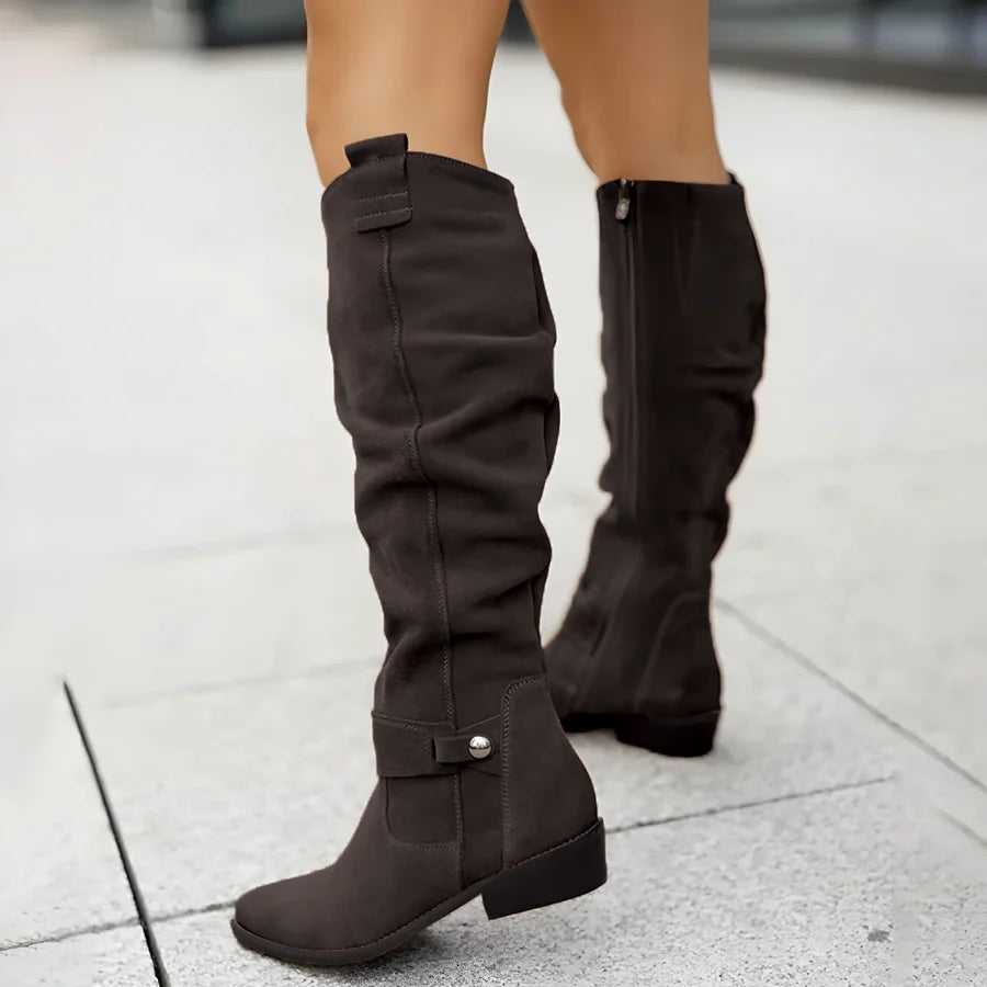 Damskie zamszowe kozaki za kolano z niskim słupkowym obcasem-Footwear for women-Olave