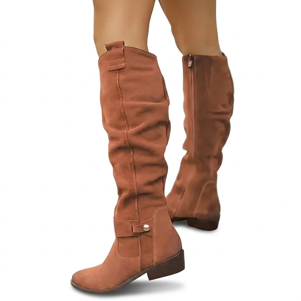 Damskie zamszowe kozaki za kolano z niskim słupkowym obcasem-Footwear for women-Olave