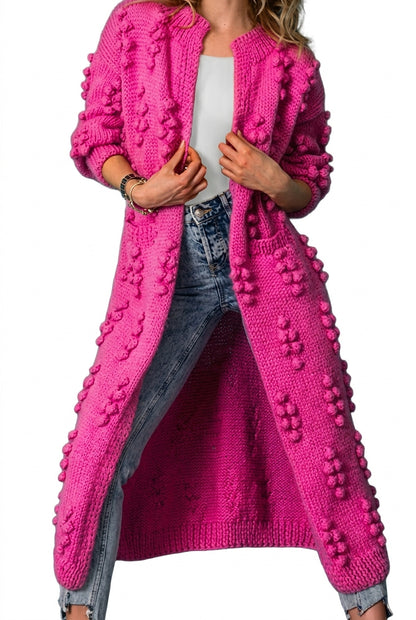 Długi damski kardigan z dzianiny z pomponami-Cardigan for women-Olave